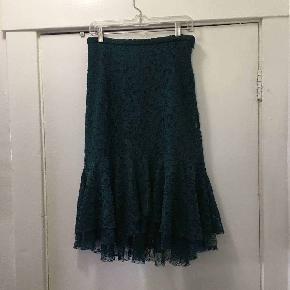 Anthropologie Teal Lace Asymmetrical Hem Skirt - Picture 3 of 10